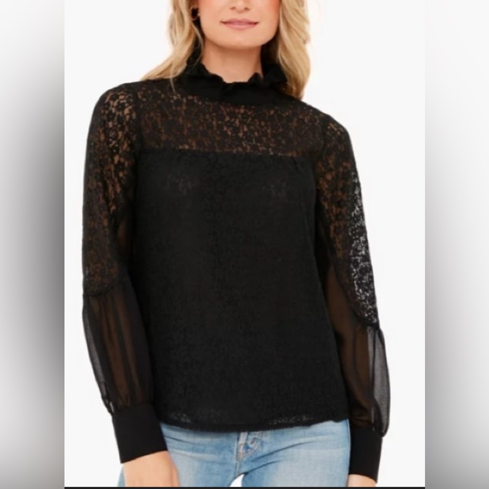 Tuckernuck Black Lace High-Neck Sheer Puff-Sleeve Quiet Luxury Blouse